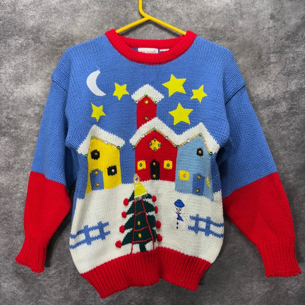 Vintage Adell Barre Ugly Christmas Sweater Village Houses Tree Beaded Size L